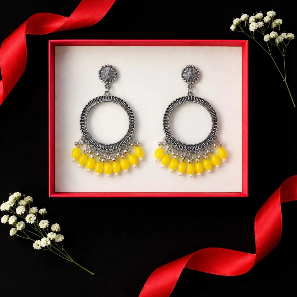 Silver Round Shape Jhumka with Yellow Beads for Resin Art Silver Round Shape Jhumka with Yellow Beads for Resin Art