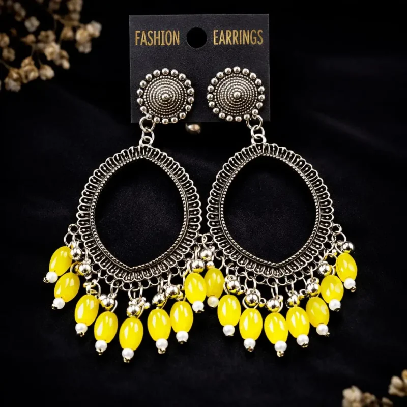 Lemon Yellow Beaded Silver Jhumka Earrings – Eye Shape Bezel