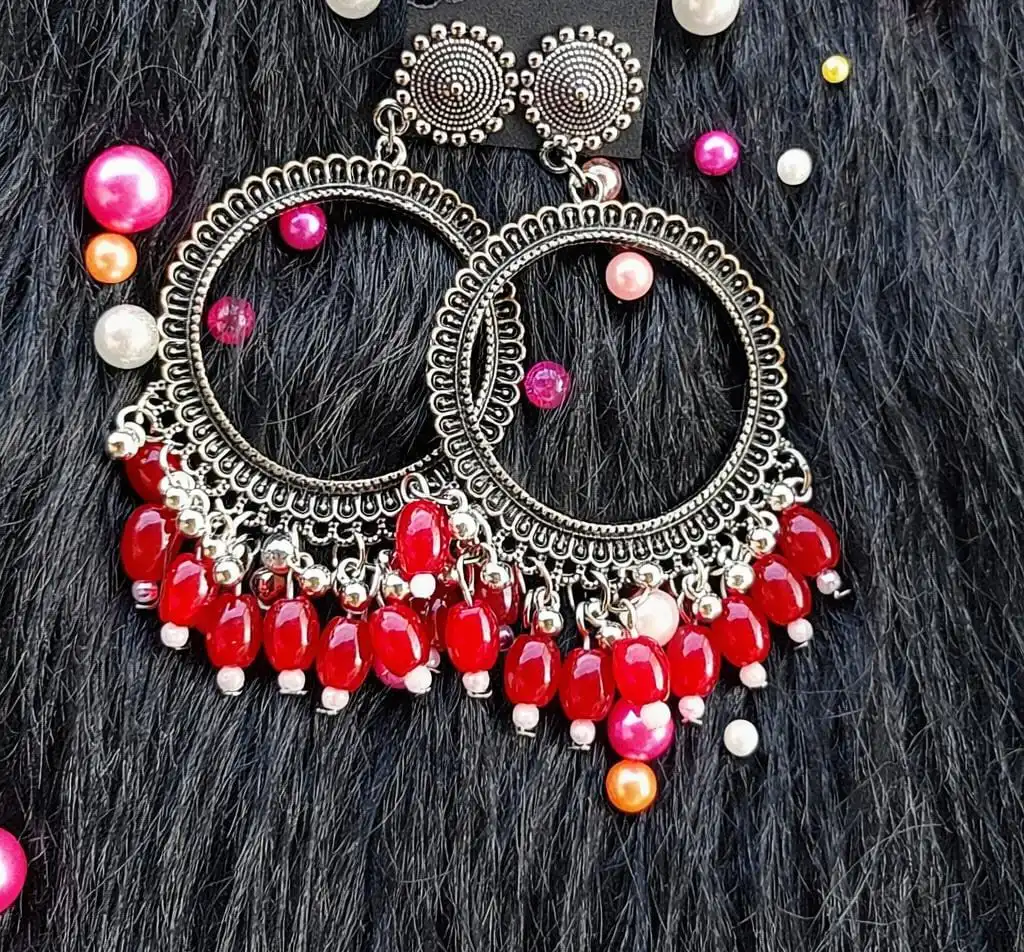 Silver Jhumka Red Beaded Round Bezel Pendant | Handmade Epoxy Resin Jewelry Silver Jhumka Red Beaded Round Bezel Pendant | Handmade Epoxy Resin Jewelry