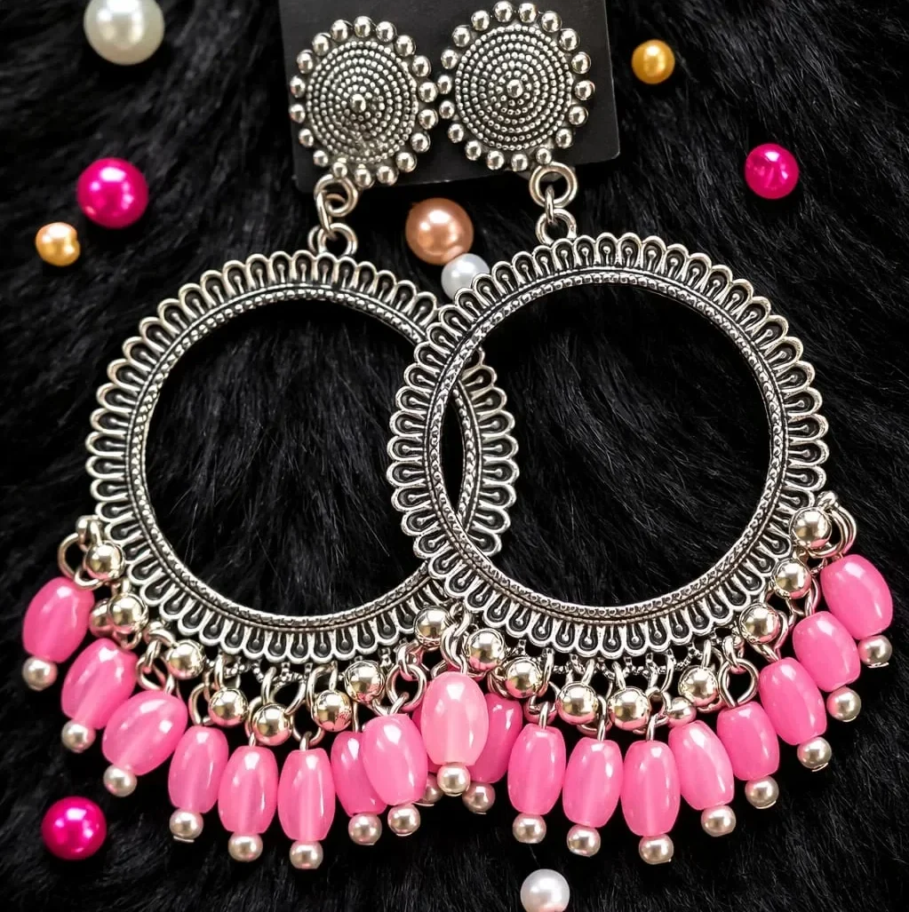 Pink Beaded Silver Jhumka Earrings – Round Bezel Design | Epoxy Art India Pink Beaded Silver Jhumka Earrings – Round Bezel Design | Epoxy Art India