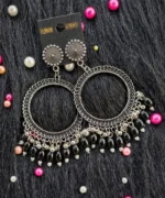 Silver Jhumka Black Beaded Round Bezel Pendant | Handmade Epoxy Resin Jewelry