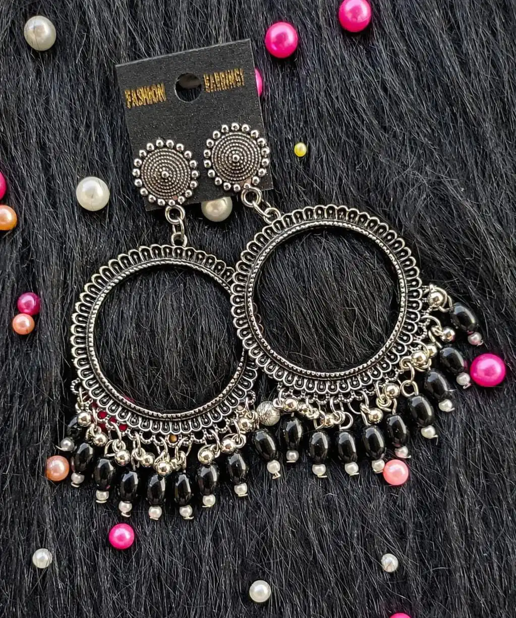 Silver Jhumka Black Beaded Round Bezel Pendant | Handmade Epoxy Resin Jewelry Silver Jhumka Black Beaded Round Bezel Pendant | Handmade Epoxy Resin Jewelry