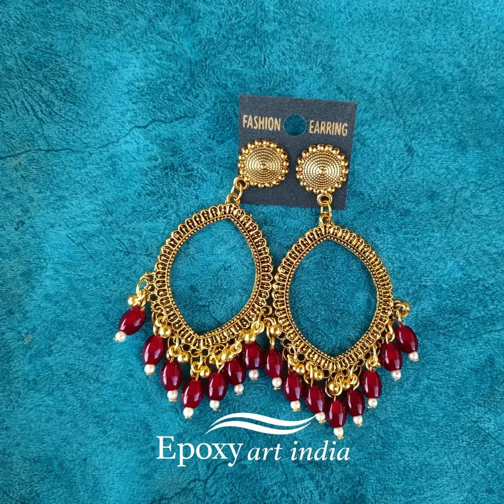 Golden Eye Shape Jhumka with Red Wine Beads for Resin Art Golden Eye Shape Jhumka with Red Wine Beads for Resin Art