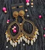 Golden Jhumka White Beaded Eye Shape Bezel Pendant | Handmade Epoxy Resin Jewelry