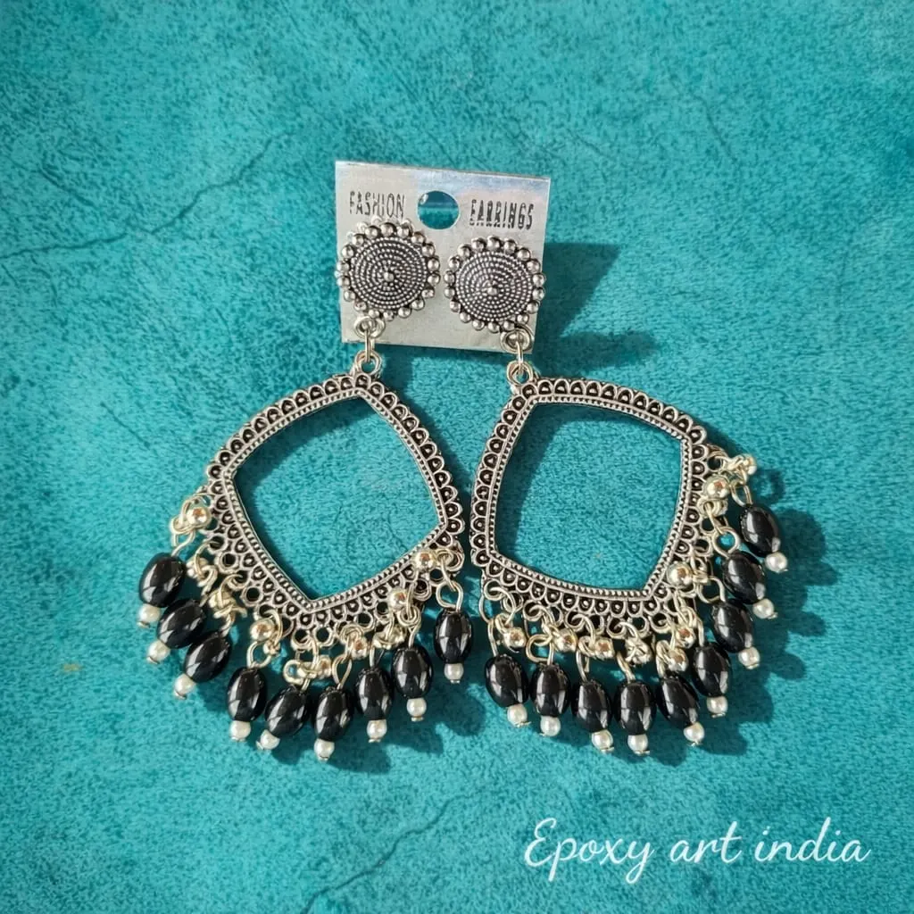 Silver Square Shape Jhumka with Black Beads for Resin Art Silver Square Shape Jhumka with Black Beads for Resin Art