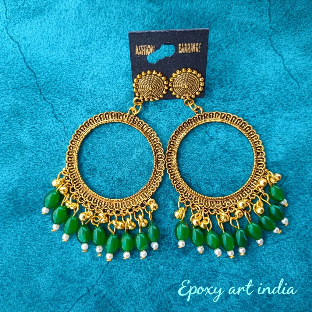 Golden Round Shape Jhumka with Green Beads for Resin Art Golden Round Shape Jhumka with Green Beads for Resin Art