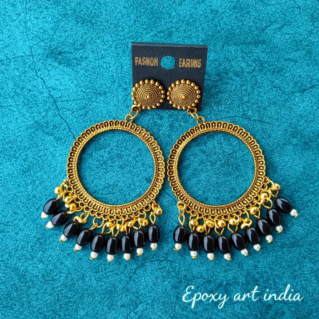 Golden Round Shape Jhumka with Black Beads for Resin Art Golden Round Shape Jhumka with Black Beads for Resin Art