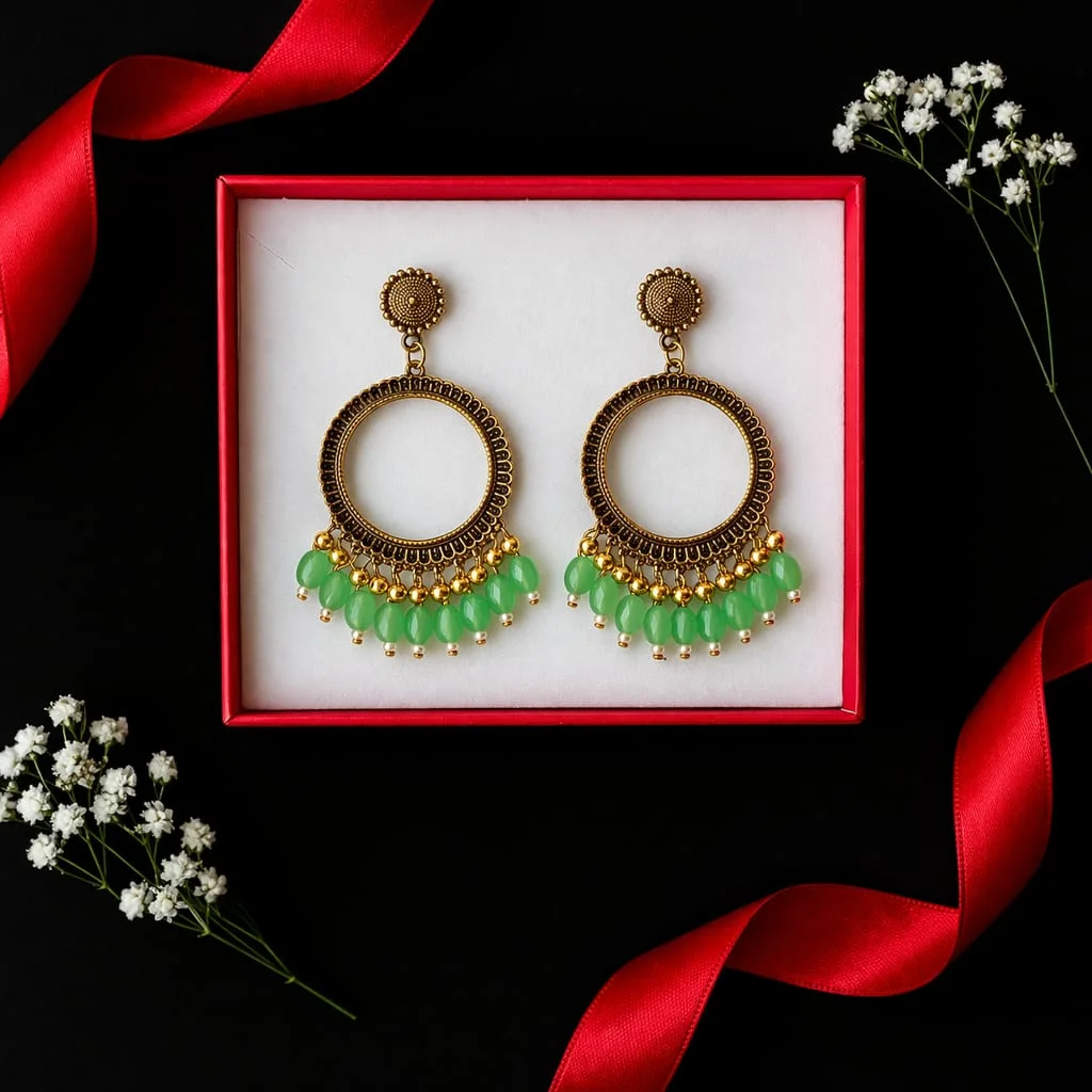 Golden Round Shape Jhumka with Light Green Beads for Resin Art Golden Round Shape Jhumka with Light Green Beads for Resin Art