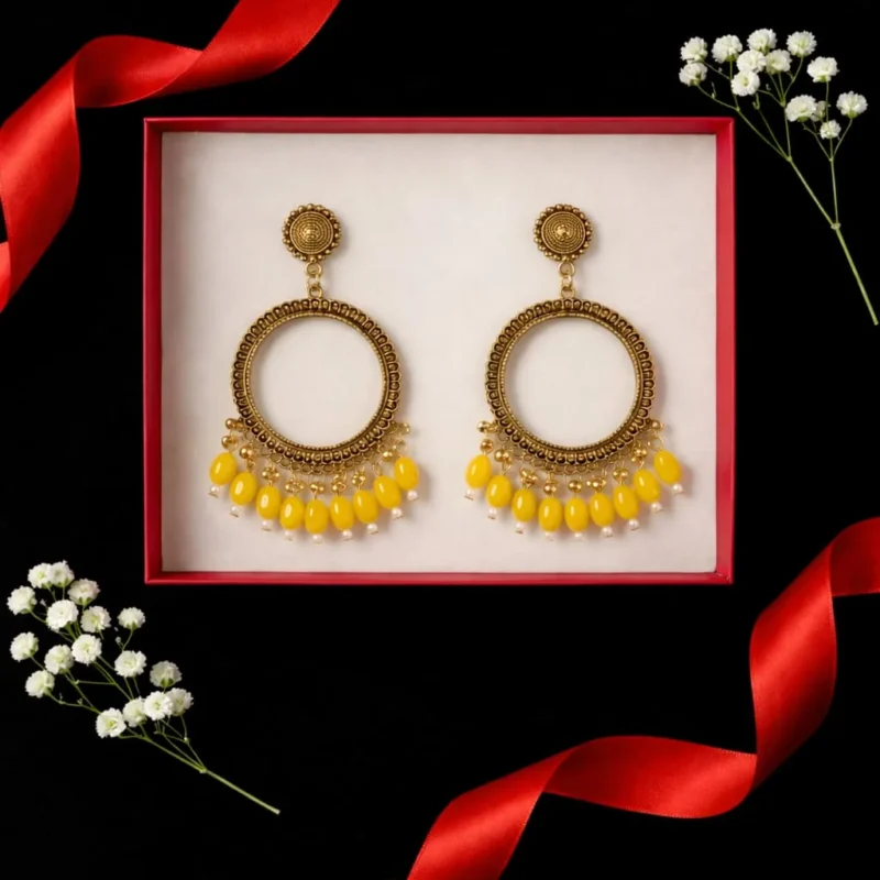 Golden Round Shape Jhumka with Yellow Beads for Resin Art