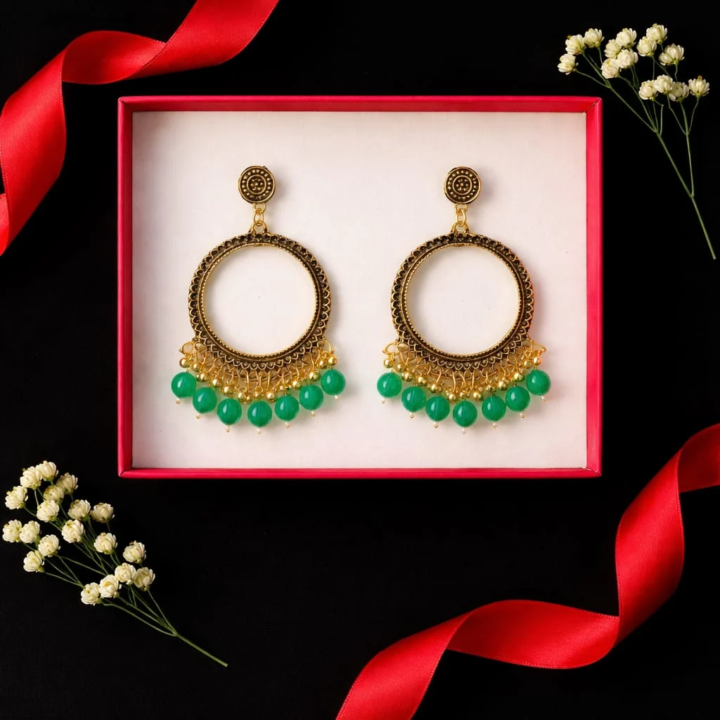 Golden Round Shape Jhumka with Green Round Beads for Resin Art Golden Round Shape Jhumka with Green Round Beads for Resin Art