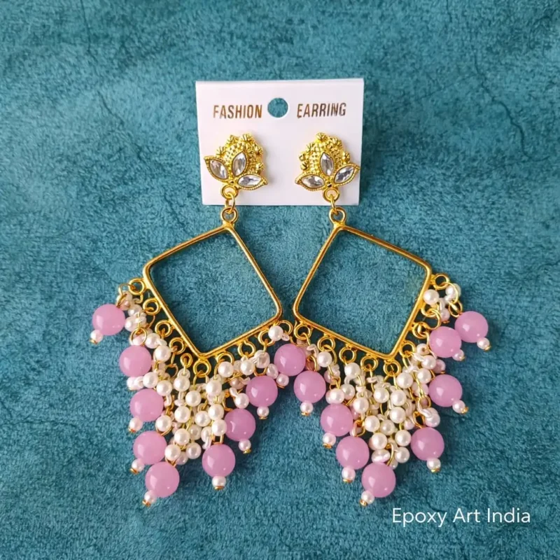 Square Bezel Jhumka Earrings Pink (Shade 2) with White Beads – Handmade Resin Art Jewelry