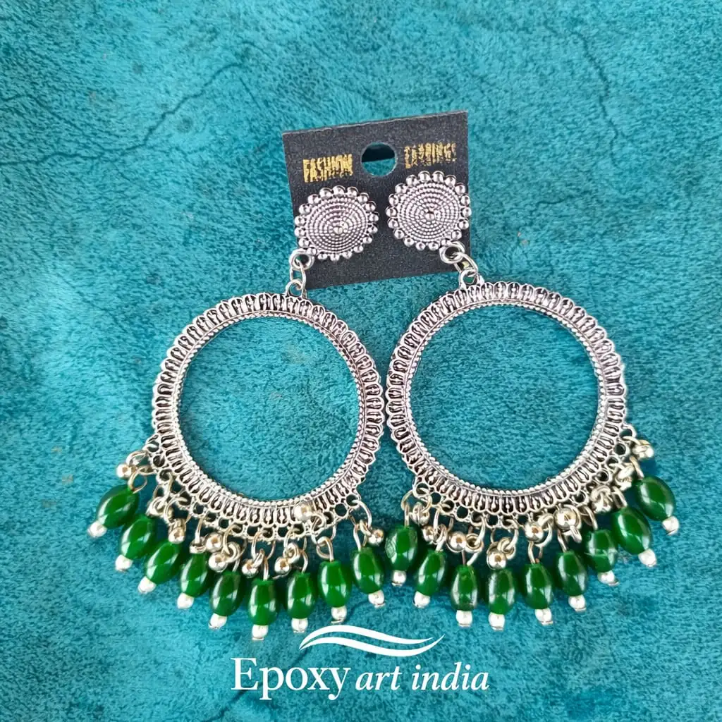 Silver Round Shape Jhumka with Green Beads for Resin Art Silver Round Shape Jhumka with Green Beads for Resin Art