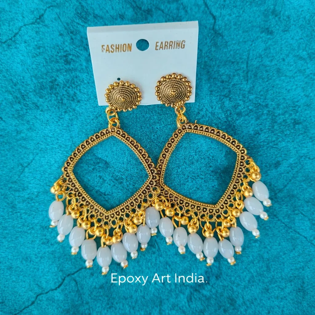 Golden Square Shape Jhumka with Gray Beads for Resin Art Golden Square Shape Jhumka with Gray Beads for Resin Art