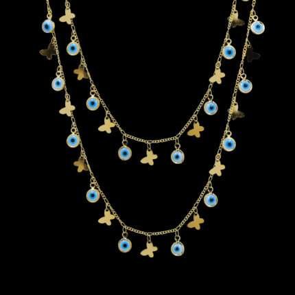 Evil Eye Butterfly Layered Gold Necklace | Trendy Protective Charm Jewelry | Resin Art Pendant Chain