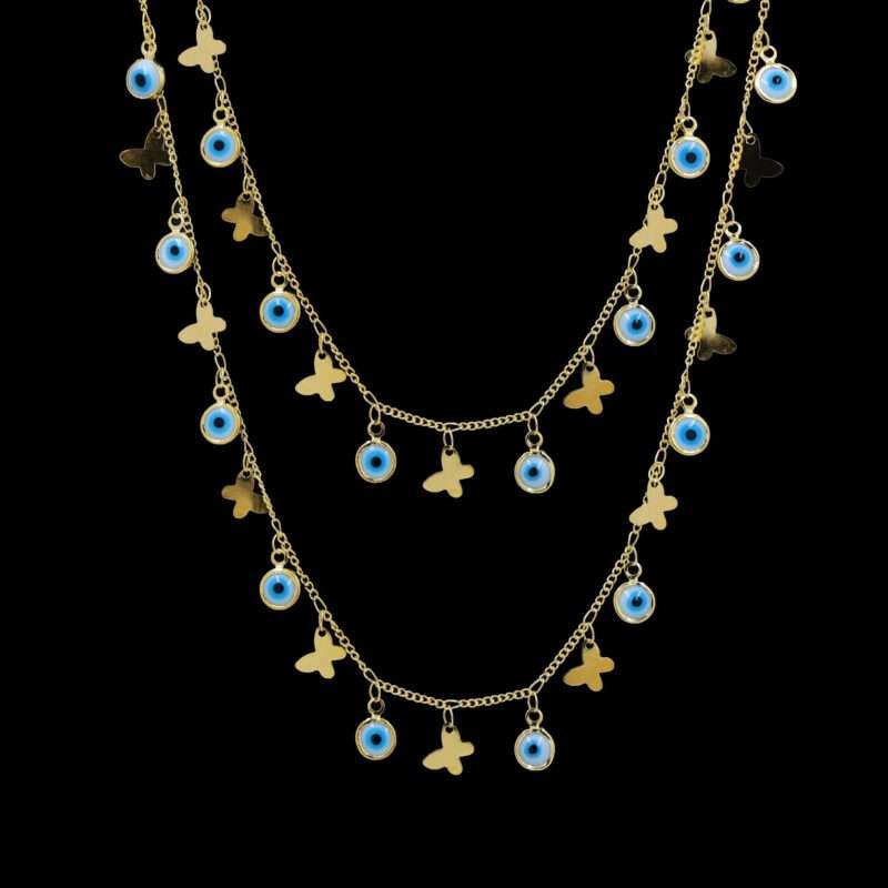 Evil Eye Butterfly Layered Gold Necklace | Trendy Protective Charm Jewelry | Resin Art Pendant Chain