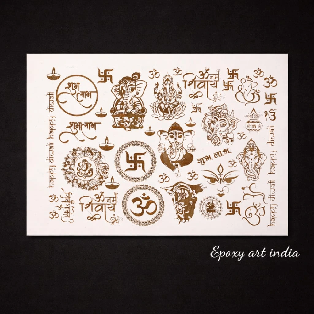 Diwali Mix God Embossed Gold Sticker Sheet for Resin Art (Size A5) Diwali Mix God Embossed Gold Sticker Sheet for Resin Art (Size A5)