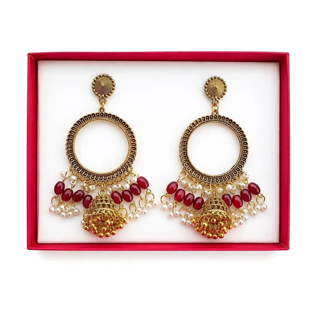Golden Round Shape Jhumka with Red Wine Beads & Jhumar for Resin Art Golden Round Shape Jhumka with Red Wine Beads & Jhumar for Resin Art
