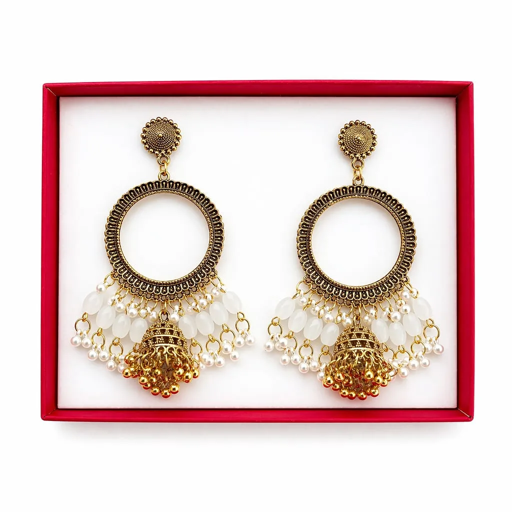 Golden Round Shape Jhumka with White Beads & Jhumar for Resin Art Golden Round Shape Jhumka with White Beads & Jhumar for Resin Art