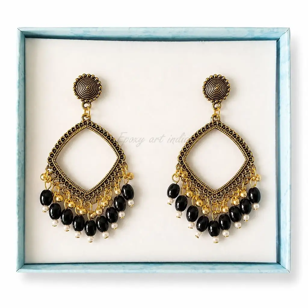 Golden Square Shape Jhumka with Black Beaded for Resin Art Golden Square Shape Jhumka with Black Beaded for Resin Art